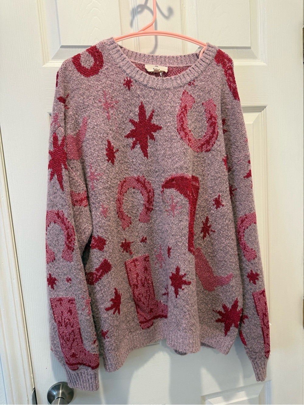 entro Pink Patterned Crewneck Sweater with Magenta Motifs COWBOY WESTERN BOOTS